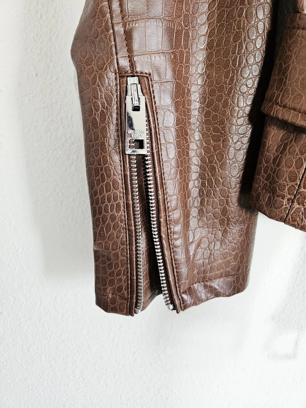 Michael Kors Women's Brown Faux Croc Moto Jacket with Belt